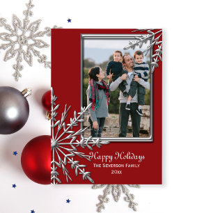 Silver Tone Snowflakes on Red Happy Holidays Photo Holiday Card
