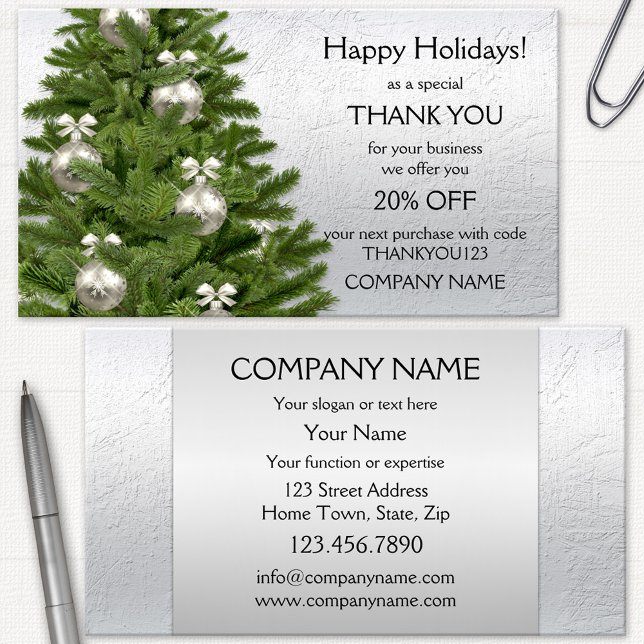 Silver Tree Holidays Thank You Business Card (Christmas Holidays Thank You business card featuring a tree with silver baubles and bows)