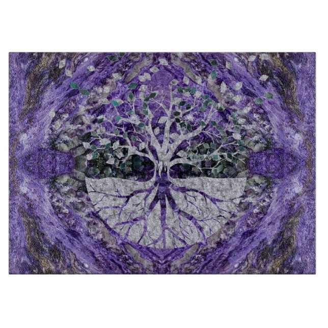 Silver Tree of Life Yggdrasil on Amethyst Geode Cutting Board (Front)