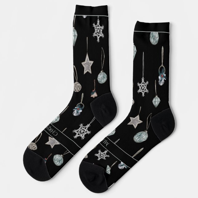 Silver Tree Toys on Black Christmas Socks (Left)