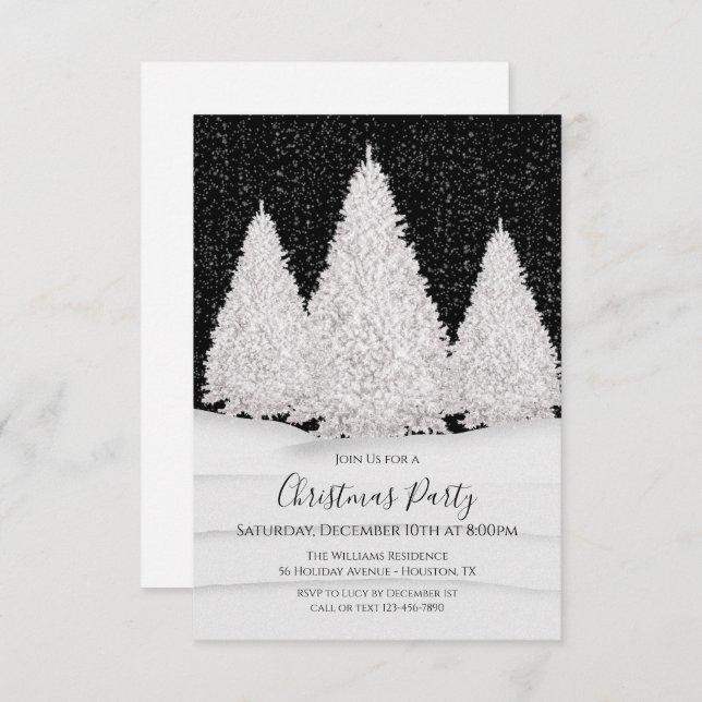 Silver Tree's Snowy Wintry Night Scene Christmas Invitation (Front/Back)