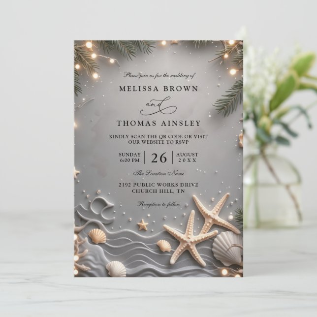 Silver Tropical Beach Starfish QR Code Wedding Invitation (Standing Front)