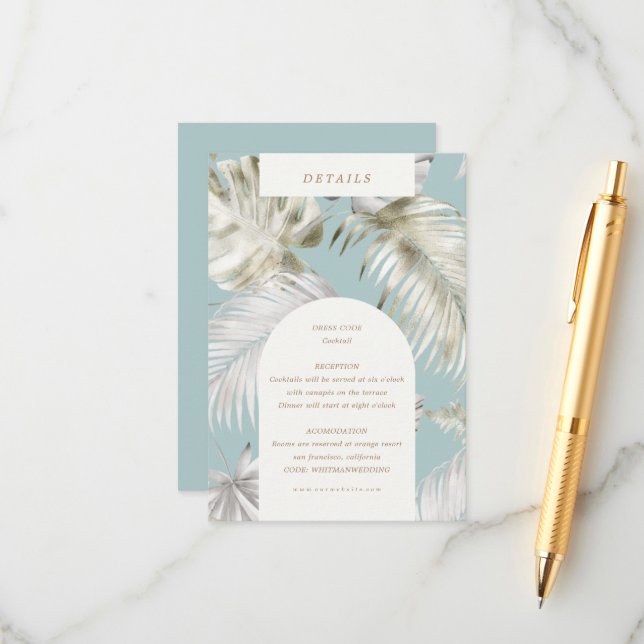 Silver Tropical Foliage Reception Details Enclosure Card (Front/Back In Situ)