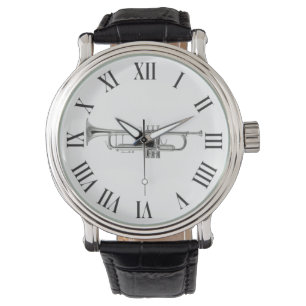 Silver trumpet and roman numbers watch