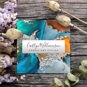 Silver turquoise agate watercolor stylist script square business card