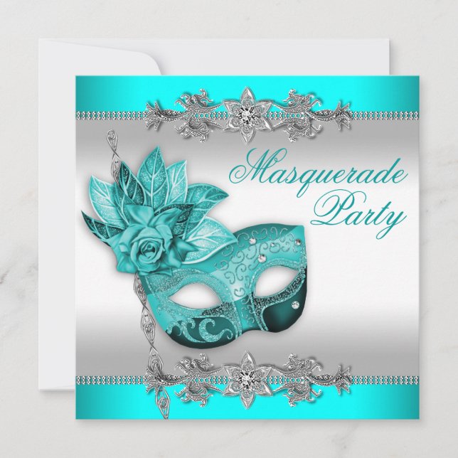 Silver Turquoise Blue Masquerade Party Invitation (Front)