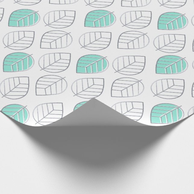 Silver & Turquoise Chic & Modern Leaf Design Wrapping Paper (Corner)