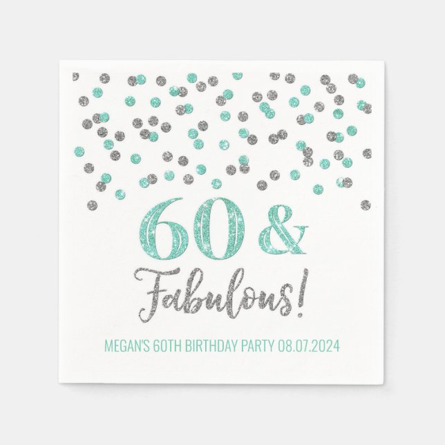Silver Turquoise Confetti 60 & Fabulous Napkin (Front)