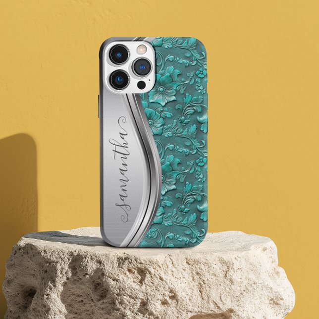 Silver Turquoise Faux Tooled Leather Cowgirl iPhone Case (Creator Uploaded)