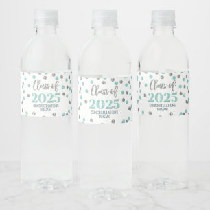 Silver Turquoise Glitter Class of 2025 Graduation Water Bottle Label
