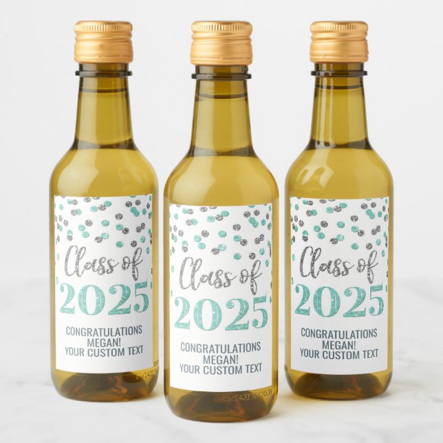 Silver Turquoise Glitter Class of 2025 Graduation Wine Label (Bottles)