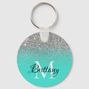 Silver Turquoise Glitter Ombre Monogram Key Ring