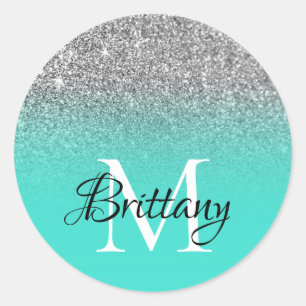 Silver Turquoise Glitter Ombre Monogrammed Classic Round Sticker