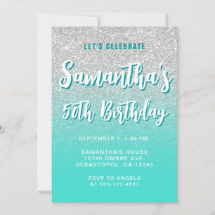 Silver Turquoise Modern Gradient 50th Birthday Invitation