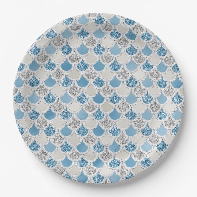 Silver Turquoise Pearl Glitter Mermaid       Paper Plate (Front)