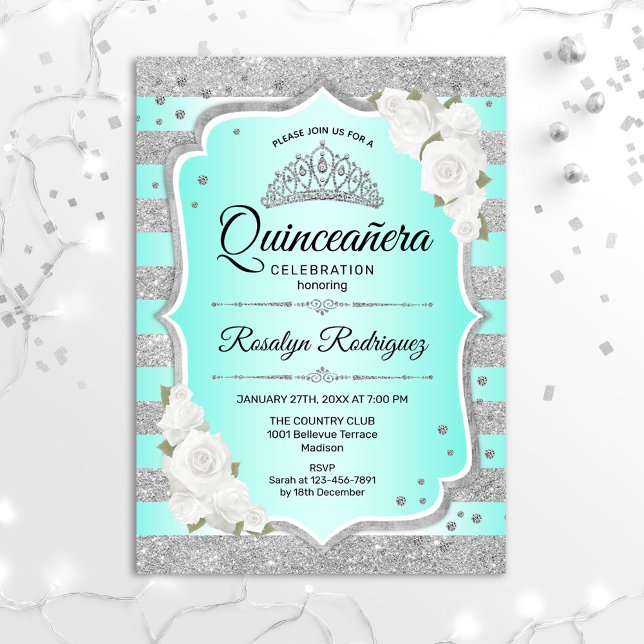 Silver Turquoise Quinceanera Invitation (Creator Uploaded)
