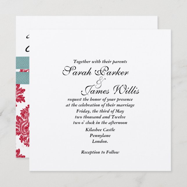 Silver & turquoise & red metallic Wedding Invite (Front/Back)