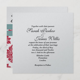 Silver & turquoise & red metallic Wedding Invite