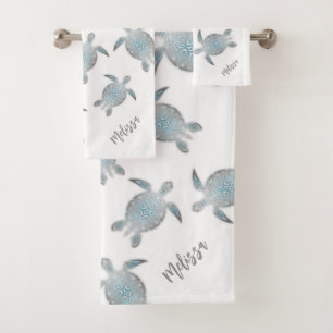 Silver Turquoise Sea Turtles Pattern Coastal Bath Towel Set