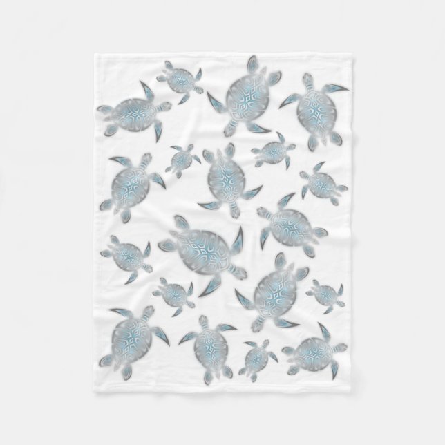 Silver Turquoise Sea Turtles Pattern Coastal Fleece Blanket (Front)