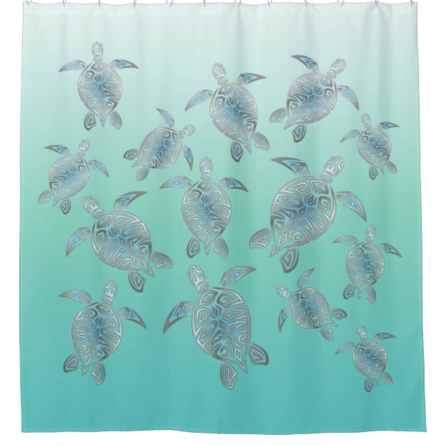 Silver Turquoise Sea Turtles Pattern Shower Curtain (Front)