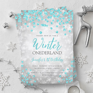 Silver Turquoise Winter ONEDERLAND 1st Birthday Invitation