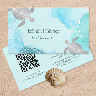 Silver Turtle Blue Ink Coastal QR Code Business Card
