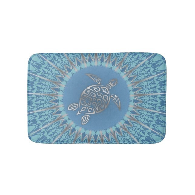 "Silver Turtle Radiance" | Tropical Mandala Bath Mat (Front)