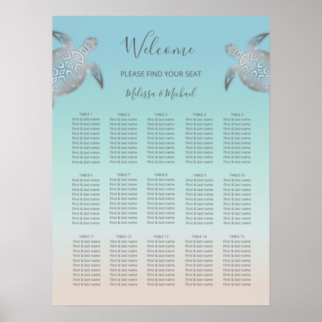Silver Turtles Beach Wedding Seating Chart (Front)
