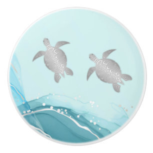 Silver Turtles Blue Ink Background   Coastal  Ceramic Knob