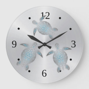 Silver Turtles Coastal Modern Numbers Large Clock