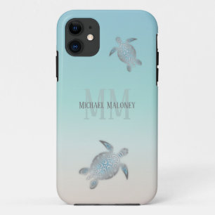 Silver Turtles Initials Your Name Turquoise Beige  Case-Mate iPhone Case