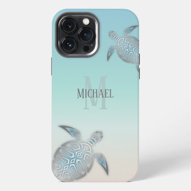 Silver Turtles Initials Your Name Turquoise Beige iPhone Case (Back)