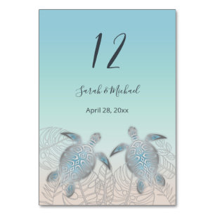 Silver Turtles Tropical Leaves Beach Wedding Table Number