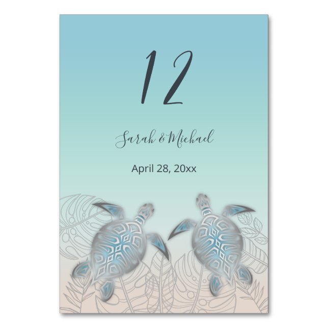 Silver Turtles Tropical Leaves Beach Wedding  Table Number (Front)