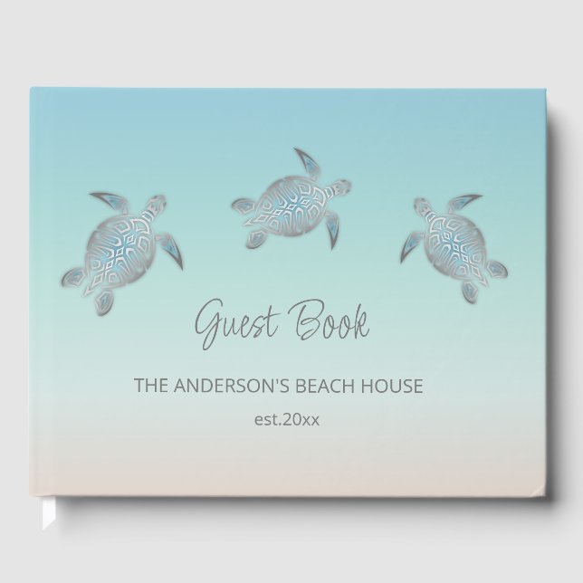 Silver Turtles Turquoise Coastal Beach House Guest Book (Front)