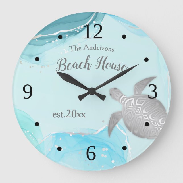 Silver Turtles Turquoise Ink Family Name Coastal Large Clock (Front)
