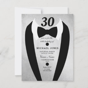 Silver Tuxedo Bow Tie Mens 30th Birthday Invite
