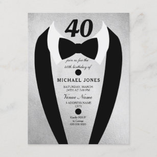 Silver Tuxedo Mens 40th Birthday Party Invite