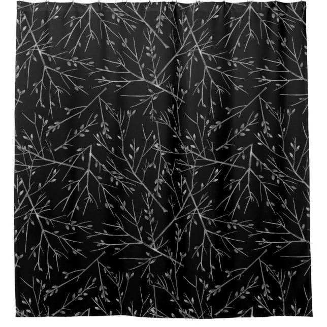 Silver Twigs on Black Shower Curtain (Front)