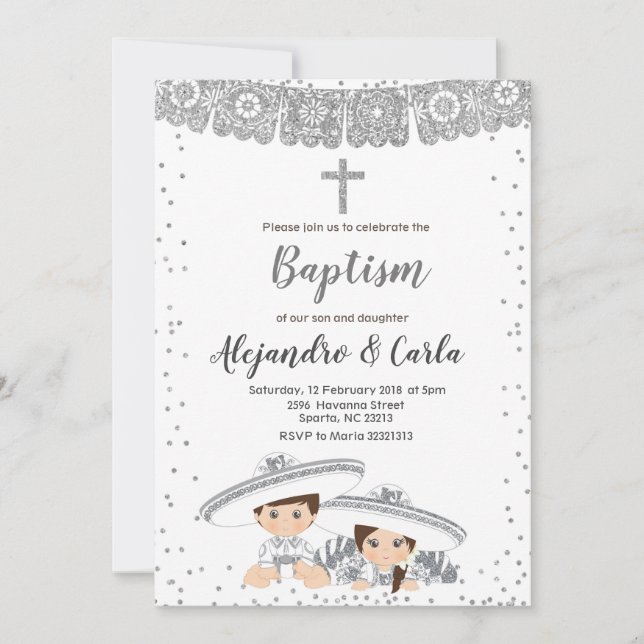 Silver Twin Boy and Girl Baptism Invitation (Front)
