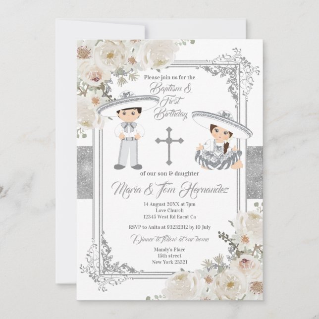 Silver Twin Mexican Baptism Birthday Floral Invitation (Front)