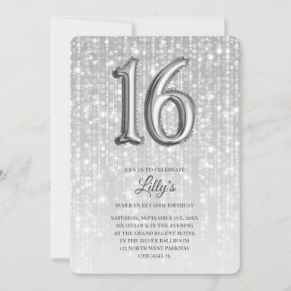 Silver Twinkle Lights Foil Balloon 16th Birthday Invitation