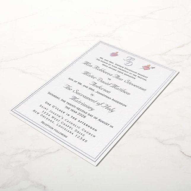 Silver Two Hearts Catholic Wedding Foil Invitation (Rotated)