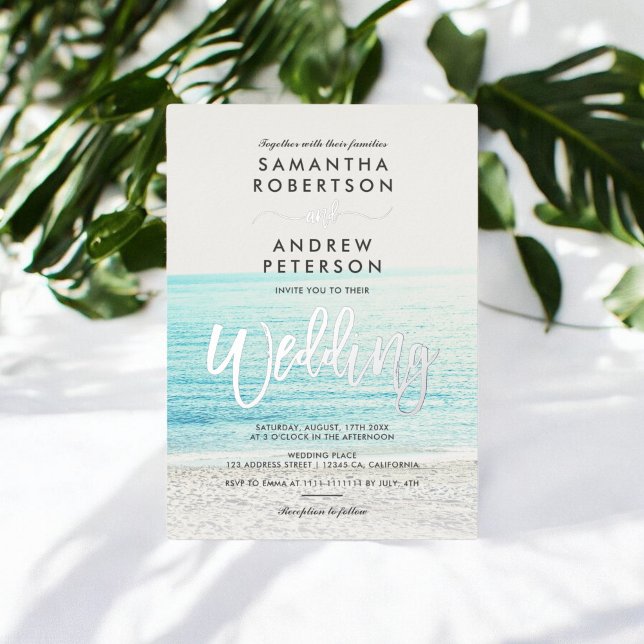 Silver typography beach photo wedding (Silver typography beach photo wedding foil invitation)