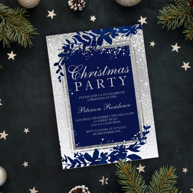 silver typography blue leaf snow elegant Christmas Invitation (Creator Uploaded)