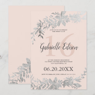 Silver typography Floral blush pink Sweet 16 Invitation