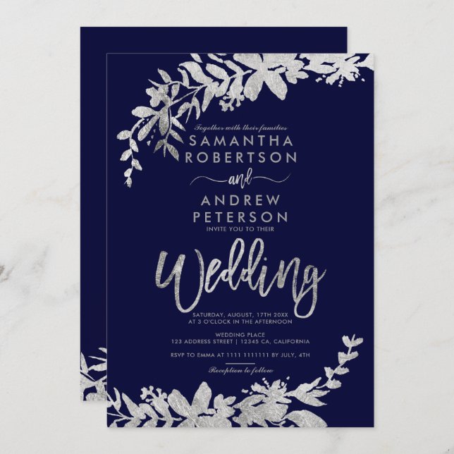 SIlver typography floral navy blue chic wedding Invitation (Front/Back)