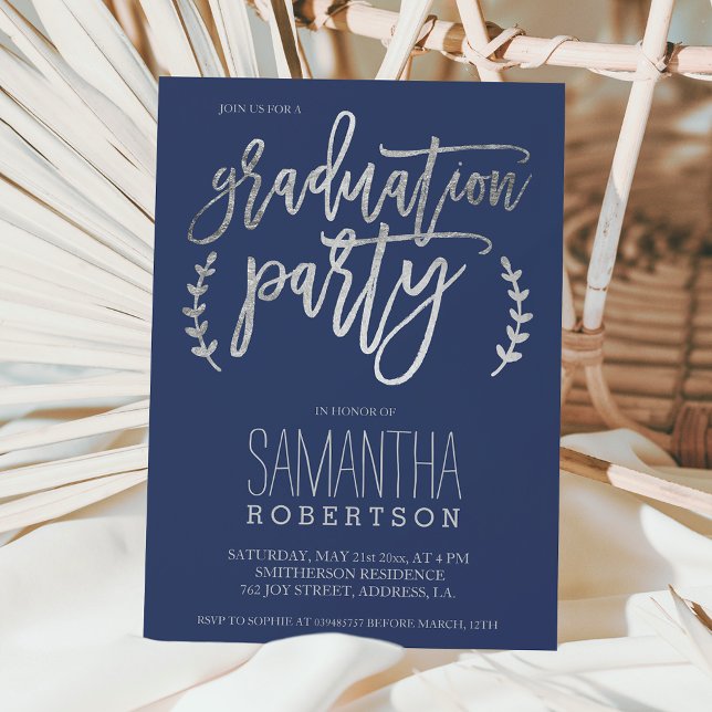 Silver typography navy blue graduation party invitation (Creator Uploaded)