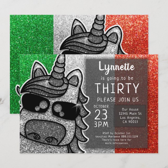 Silver Unicorn Glitter Italy Flag Italian Birthday Invitation (Front/Back)